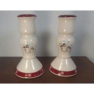 Set of 2 Royal Seasons Stoneware Jolly Snowman Candle Holders‎ Sticks 5-1/4"